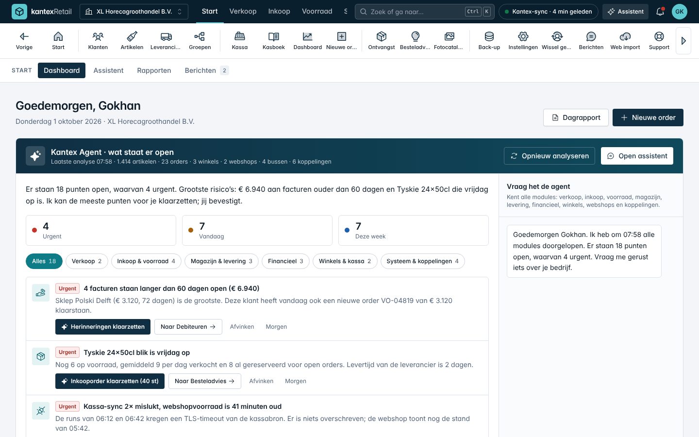 Dashboard van Kantex Groothandel met de AI-agent